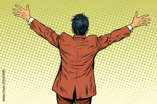 Retro man worth spread wide his arms, back