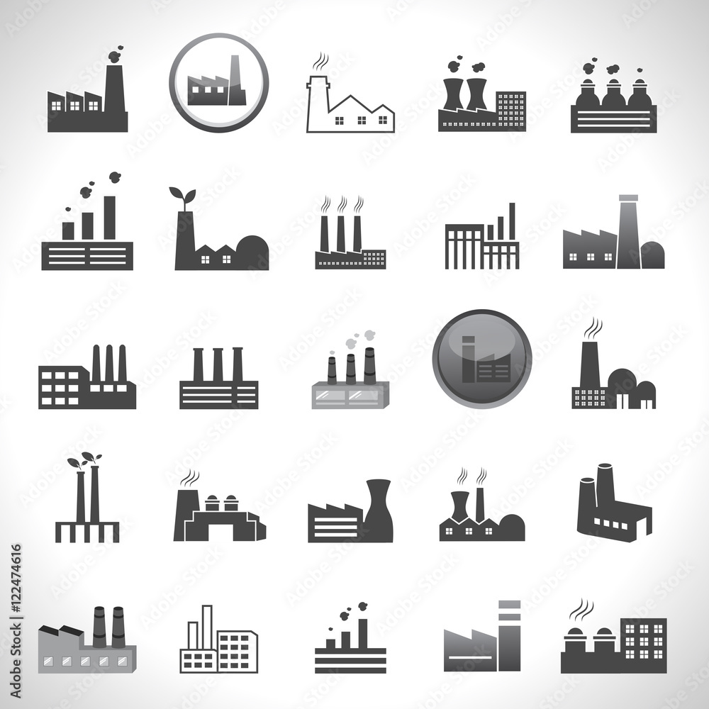 Factory Icons Set - Isolated On Gray Background.Vector Illustration,Graphic Design. For Web,Websites,Print,Presentation Templates,Mobile Applications And Promotional Materials