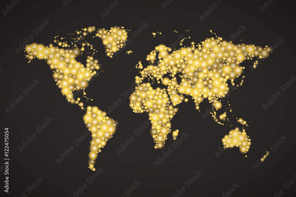 World Map made up from modern golden lights different sizes with bright glowing on dark background