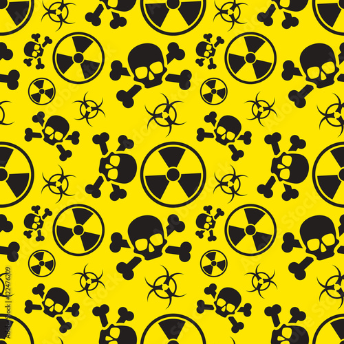 Radiation and biological hazard danger signs on yellow, seamless pattern