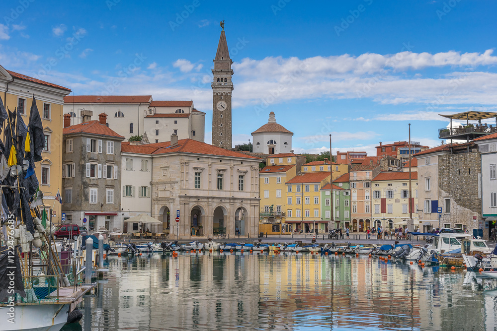 Looking across the marina in the town of Piran in Slovenia