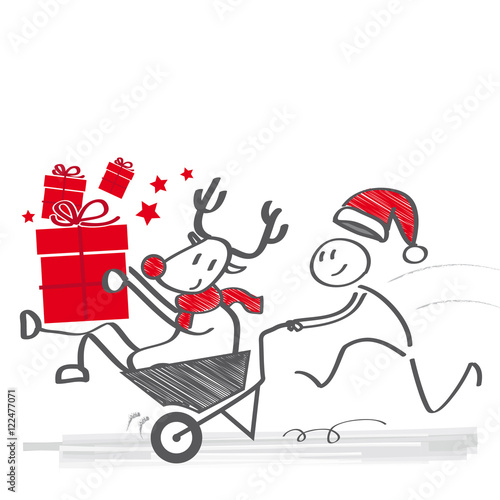 Strichmännchen-Weihnachtsmann und Rentier liefern Geschenke aus