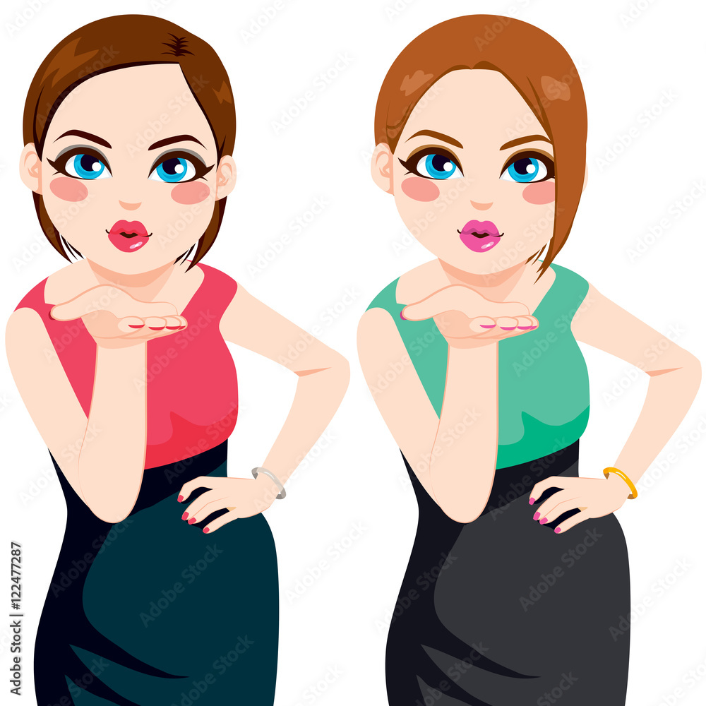 Two beautiful women blowing kiss posing with hand on hip wearing dress of different color style Two beautiful women blowing kiss posing with hand on hip wearing dress of different color style