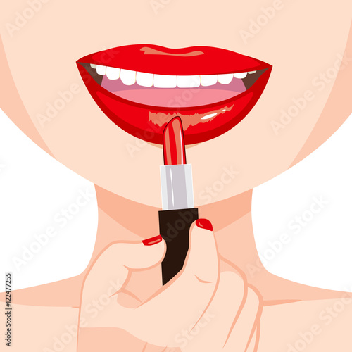 Close up of woman applying red lipstick on lips