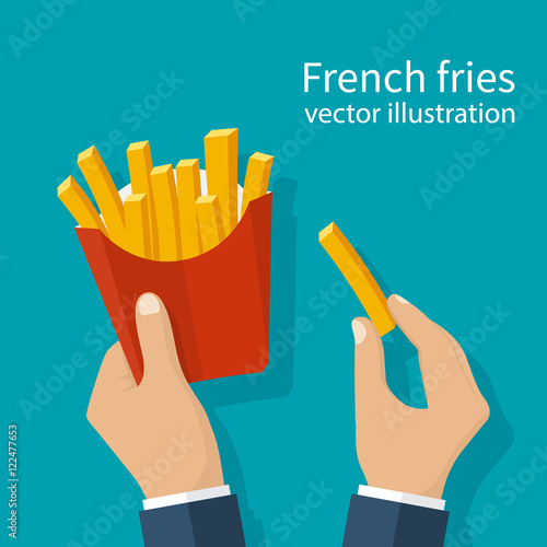 French fries in hands of men
