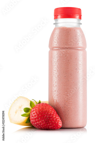 Strawberry and banana smoothie in plastic bottle
