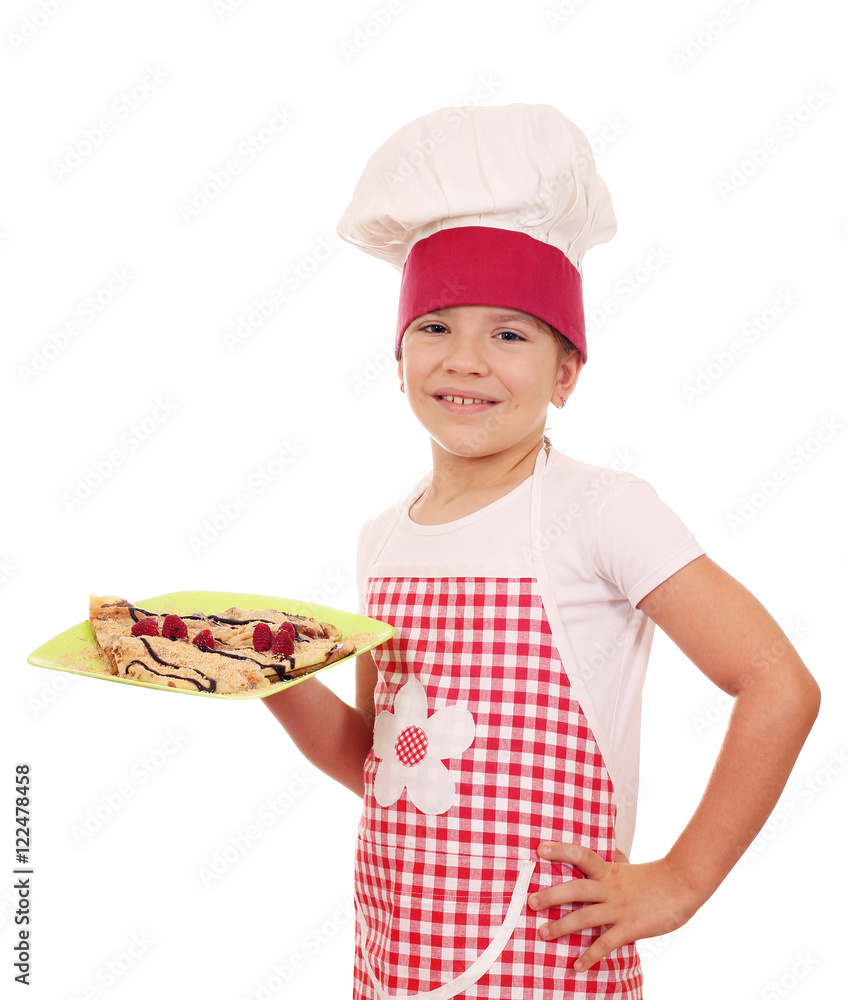 happy little girl cook with sweet crepes on plate happy little girl cook with sweet crepes on plate