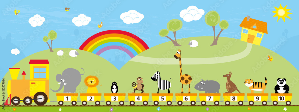 cartoon train with wild animals and numbers on the colorful rural background with rainbow / educational illustration