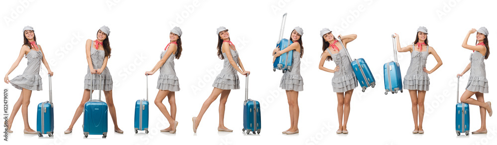 Travelling woman with suitcase isolated on white Travelling woman with suitcase isolated on white