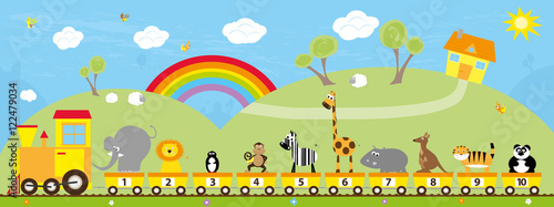 Obraz na płótnie cartoon train with wild animals and numbers on the colorful rural background with rainbow / educational illustration w salonie