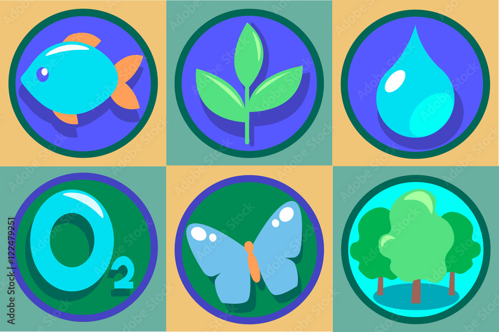 Ecology Icon Set. Vector Eco illustrations. Pure drop of water, oxygen, green forest, growing plant. Ecology Icon Set. Vector Eco illustrations. Pure drop of water, oxygen, green forest, growing plant.