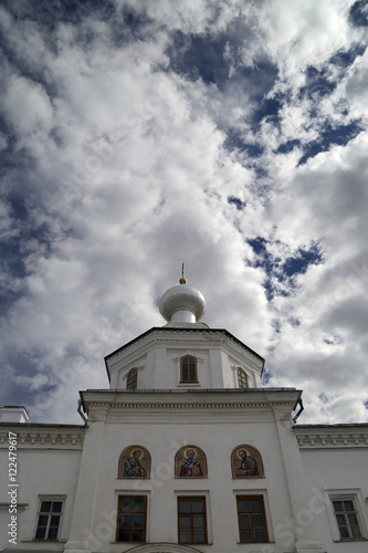 Vertical upwards view on Valaam Orthodox Christian men Monastery on Ladoga in northern Russia