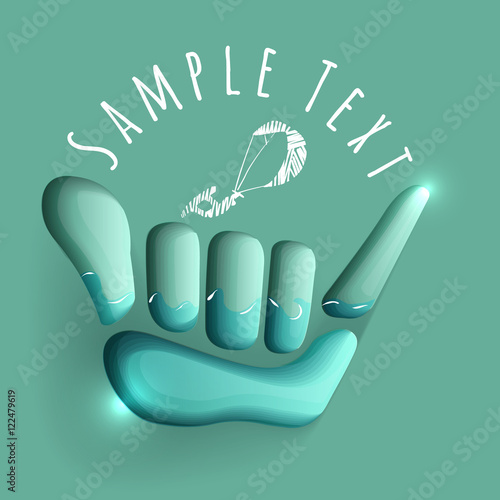 vector logo illustration. Shaka and kite symbol. Summer water sport game emblem. Sportsclub or championship symbol.