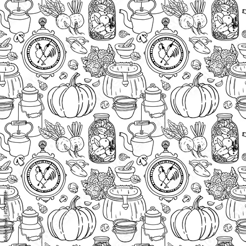 Vector seamless pattern with hand drawn rustic vegetables, canned, dishes. Black and white country background