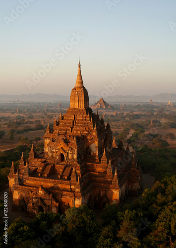 Aerial view to Htilominlo temple at the dawn. Bagan, Myanmar
