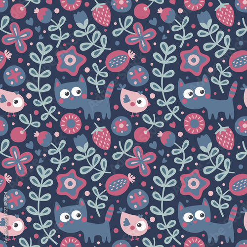 Seamless cute floral and animal pattern with cat, bird, flowers, plants, leaf, berry