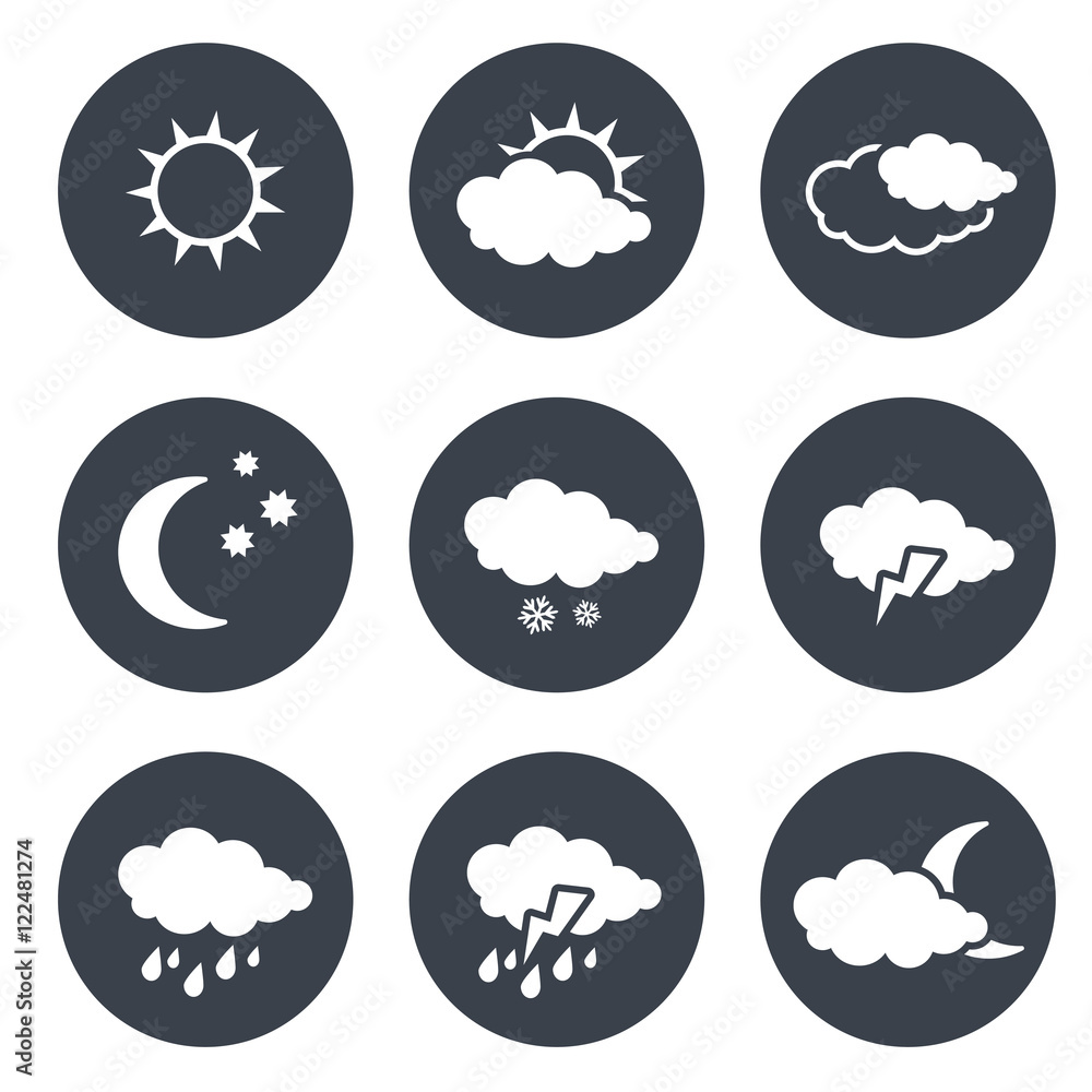 Vector set of grey circular buttons with white weather symbols, elements of forecast Vector set of grey circular buttons with white weather symbols, elements of forecast