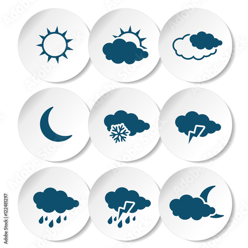 Vector set of white rounded stickers with dark blue weather symbols, elements of forecast
