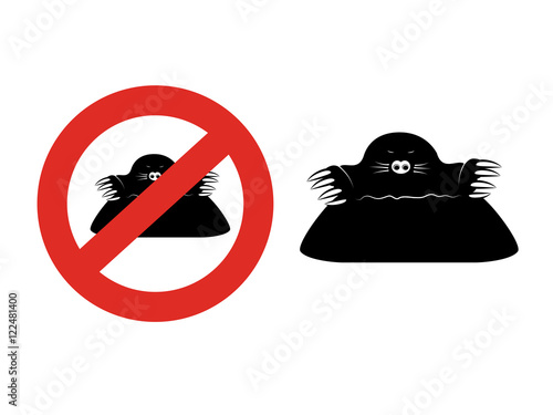 Vector mole isolated on white background. Black silhouette in a red circle. Symbol of stop garden pest. Sign of ban on a mole.