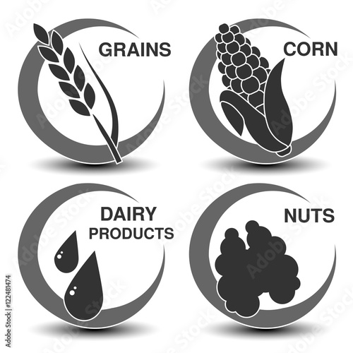 Vector set of dark grey allergen symbols. Icon of grains, corn, dairy products and nuts. Sign of food allergy in a circle.