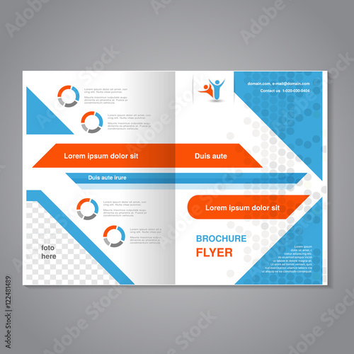 Vector modern brochure, abstract flyer, simple dotted design with geometric shapes. Layout template. Aspect Ratio for A4 size. Poster of blue, orange, grey and white color. Magazine cover