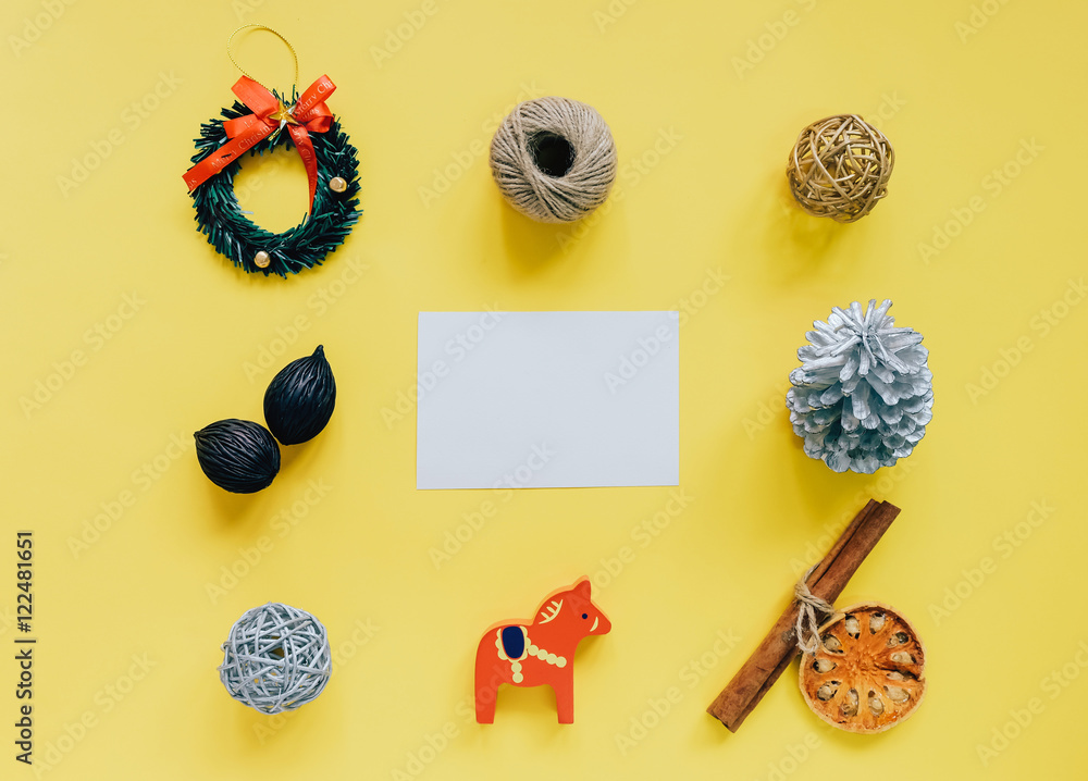 Creative flat lay of christmas ornaments in minimal style with b