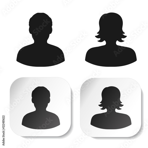 Vector user black symbols. Simple man and woman silhouette. Profile labels on white square sticker. Sign of member or person on social network. Male and female icon.