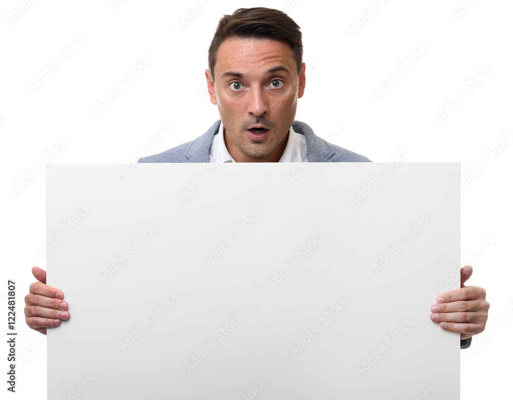 surprised Man holds a blank banner surprised Man holds a blank banner