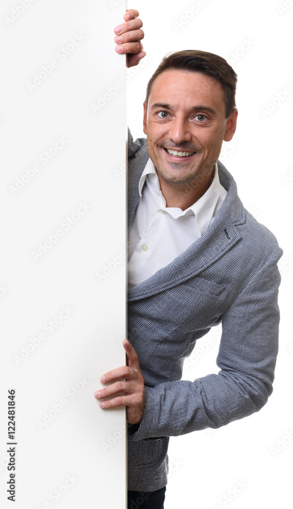 businessman holding a blank white signboard businessman holding a blank white signboard