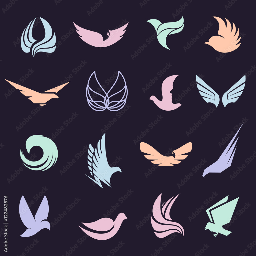 Isolated abstract colorful birds and butterflies wings with feathers logo set on black background. Flight logotype collection. Air icons. Vector  illustration. Eagle,pigeon,hawk silhouette .