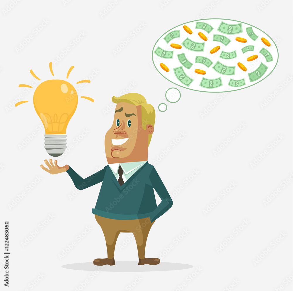 Office worker character have good idea make money. Vector flat cartoon illustration Office worker character have good idea make money. Vector flat cartoon illustration