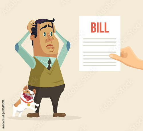 Shocked man character received bill. Vector flat cartoon illustration