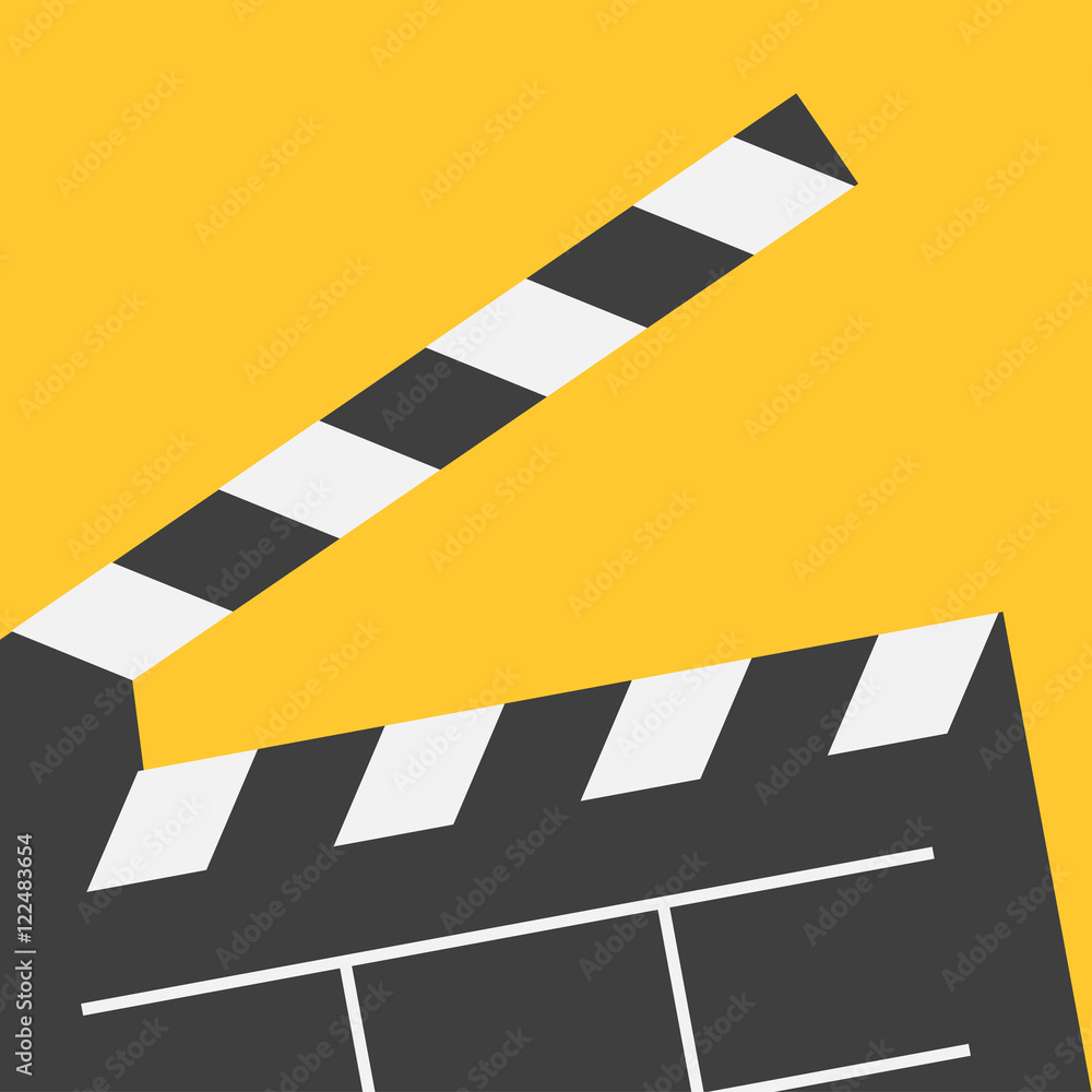 Naklejka premium Big open clapper board. Movie cinema collection. Flat design style. Yellow background.