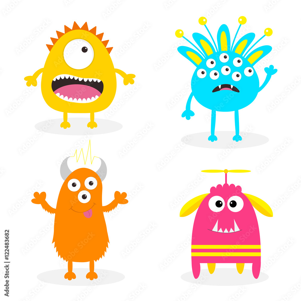Monster set. Cute cartoon scary character. Baby collection. White background. Isolated. Happy Halloween card. Flat design. Monster set. Cute cartoon scary character. Baby collection. White background. Isolated. Happy Halloween card. Flat design.