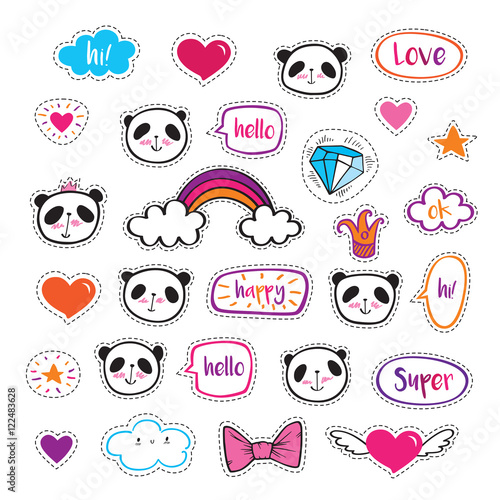 Set of fashion patch badges with cute pandas, hearts, stars and bubbles. Stickers, pins, patches. Doodles, sketch for your design.