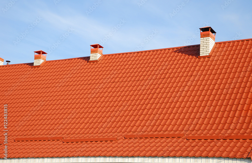 Roofing construction. Close up on metal roofing with roof protection