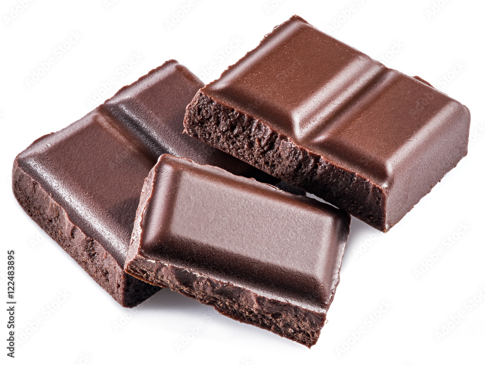 Pieces of chocolate bar isolated on a white background. Pieces of chocolate bar isolated on a white background.