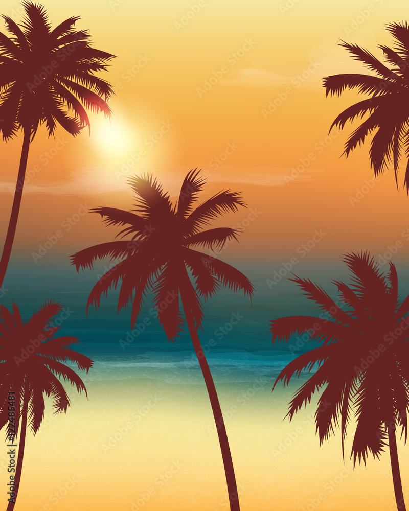 Summer holidays background. Exotic landscape with palm trees. Vector