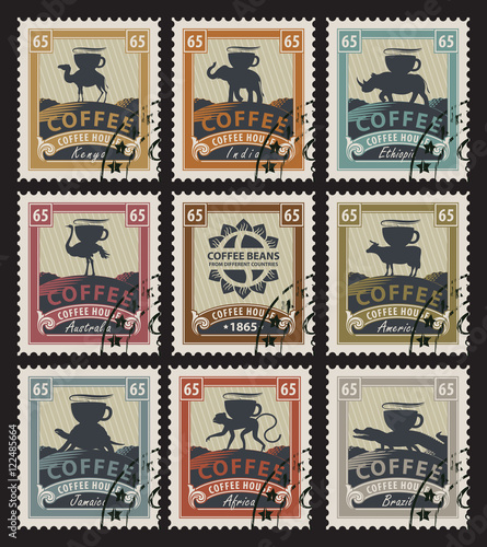 postage stamps with coffee beans from different countries with animals