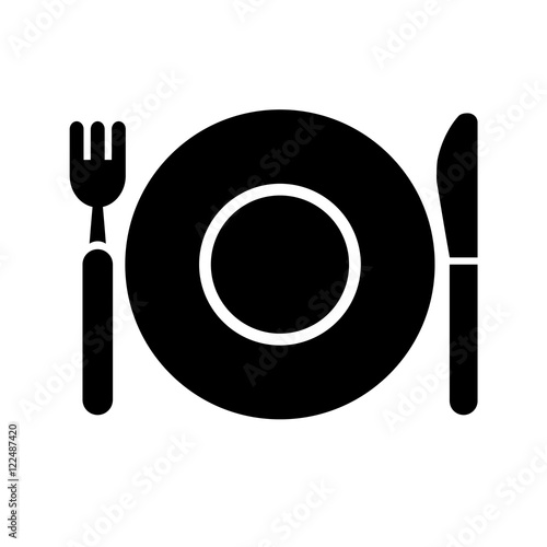 plate with fork and spoon black icon on white background