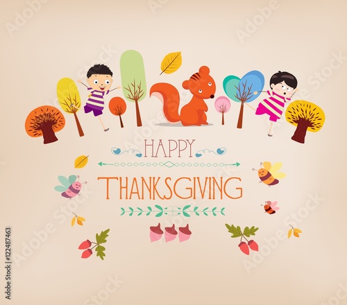 Thanksgiving Day. Kids funny with tree around