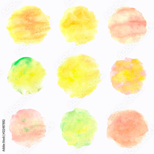 Watercolor circles isolated on white background. Colorful hand painted banners set. Autumn tints. Vector illustration.