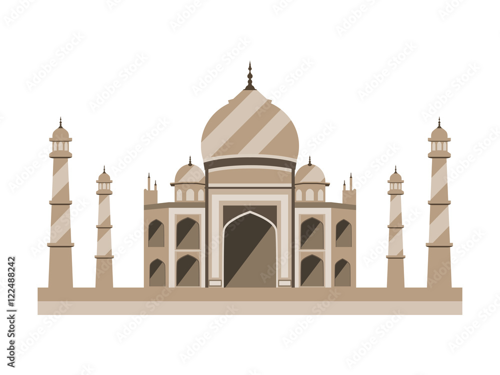 Taj Mahal flat style. Ancient Palace in India isolated on white background. Vector illustration.