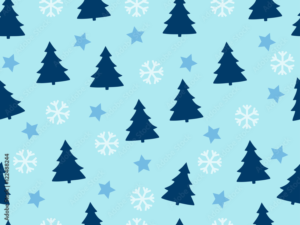 Christmas seamless pattern with Christmas trees, snowflakes and stars. Vector illustration.