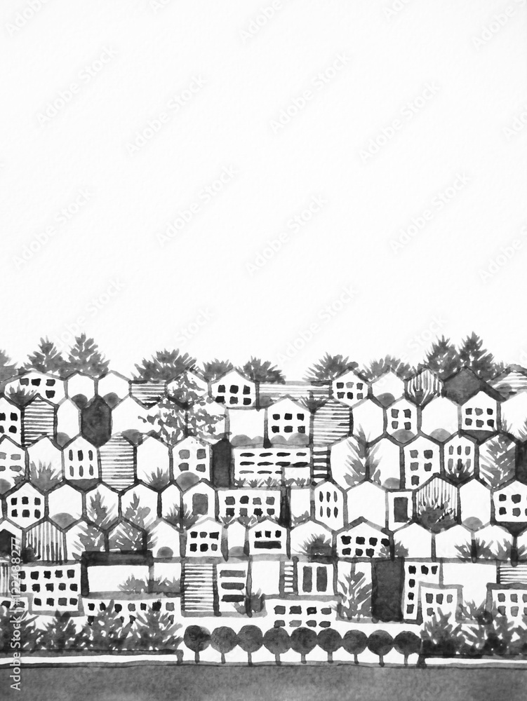 Fototapeta premium black, white pollution town environment city tree and building concept watercolor painting
