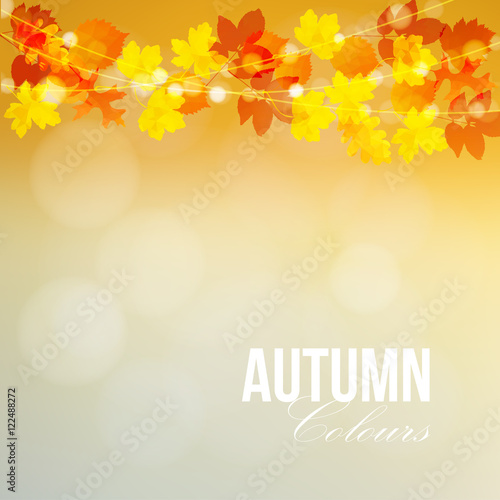 Autumn, fall card, banner. Garden party decoration. String of polygonal oak, maple leaves, lights. Modern vector blurred vector.