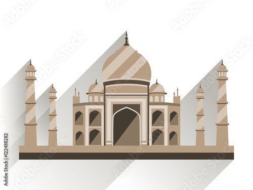 Taj Mahal flat style with long shadow. Ancient Palace in India isolated on white background. Vector illustration.