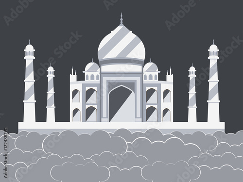 Taj Mahal in the clouds. Ancient Palace and landmark of India. Vector illustration.