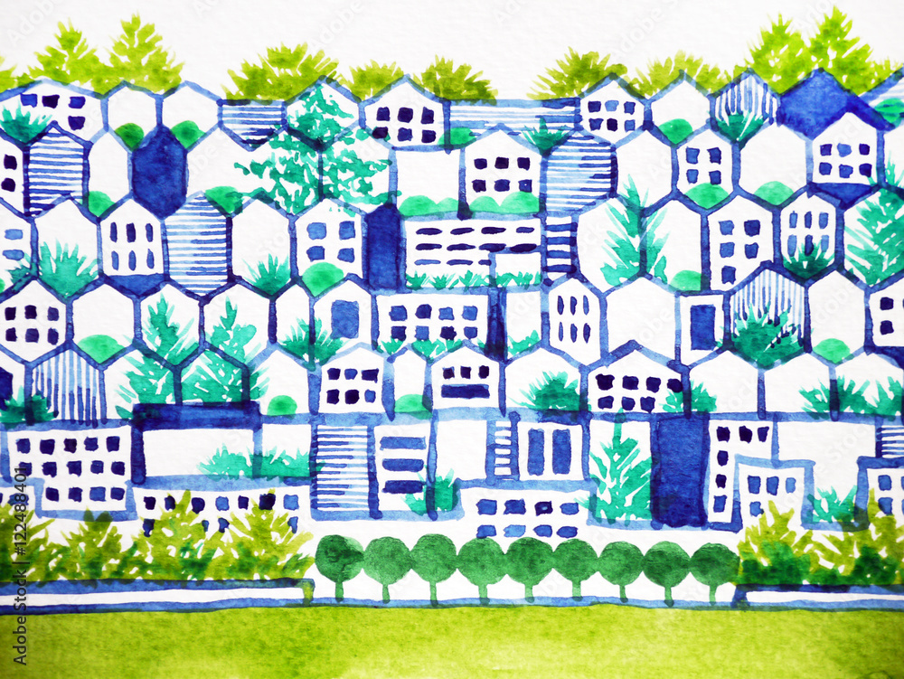 cute clean town love environment city tree and building concept, watercolor painting cute clean town love environment city tree and building concept, watercolor painting