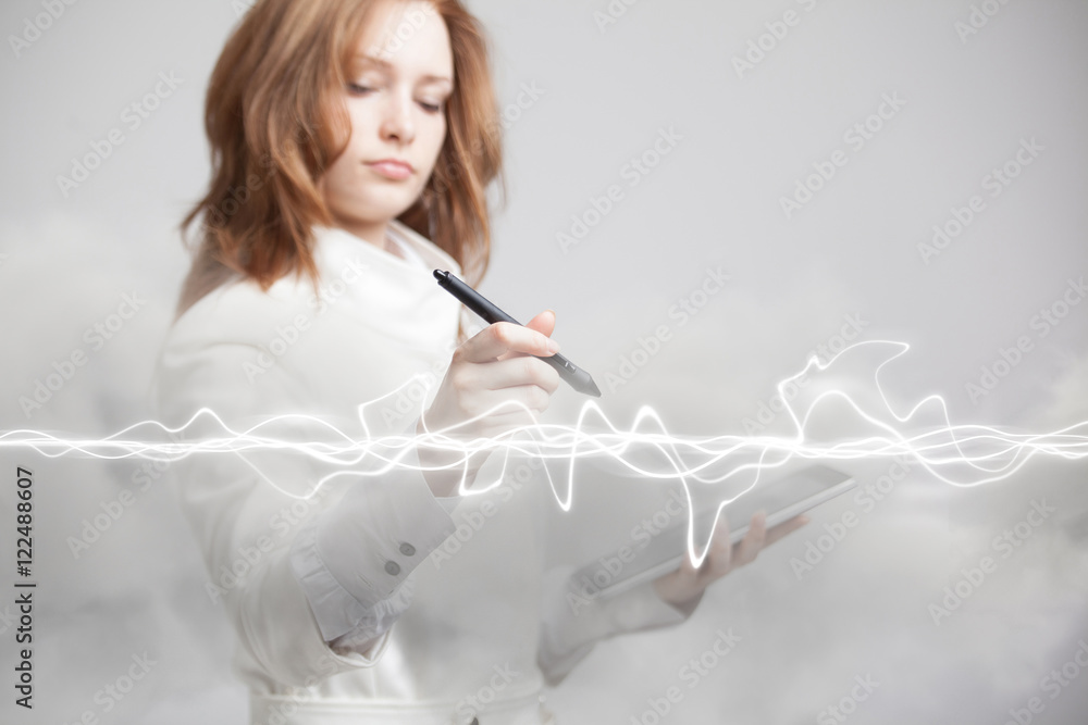 Woman making magic effect - flash lightning. The concept of electricity, high energy. Woman making magic effect - flash lightning. The concept of electricity, high energy.